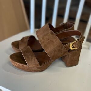 AEROSOLES Brown Suede Platform Sandals with Gold Buckle